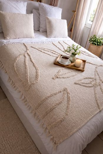 Plaid Bohème Texturé Crème – Jeté de Lit Décoratif Motifs Feuilles 130 X 180 cm
