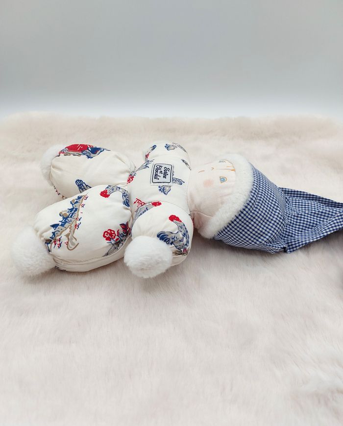 Ancien doudou poupée tissu lutin blanc Tartine et Chocolat bonnet vichy carreaux bleu blanc poule ca - photo numéro 8