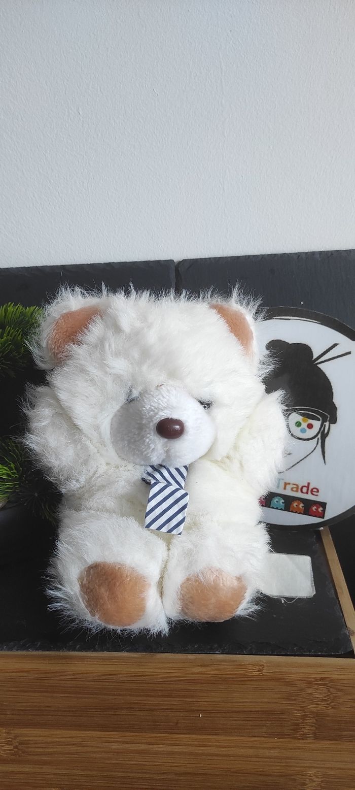 doudou peluche ours marron beige blanc cravate bleu marine ancien vintage Poils