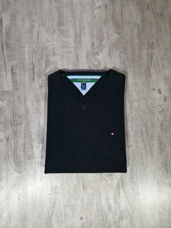 Pull Col V Tommy Hilfiger Noir Logo Brodé Taille L Homme