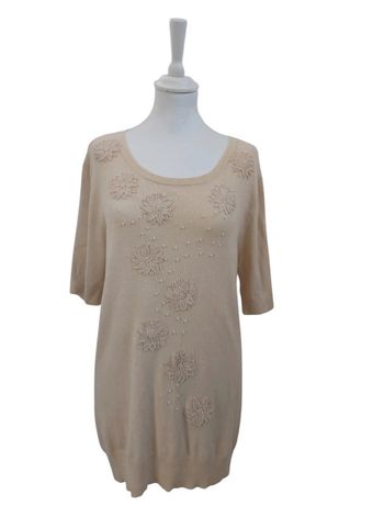 Pull long avec broderies fleurs et perles manches courtes crème femme M 38