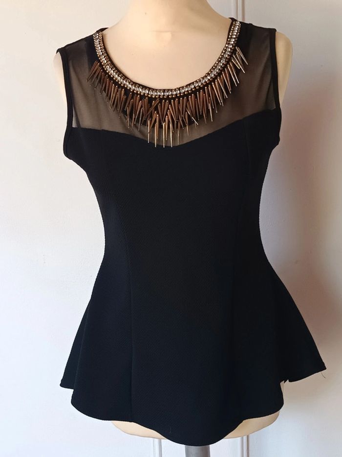 💎 débardeur long chic péplum noir taille M 38 l 40 voile transparent et collier intégré sexy chic