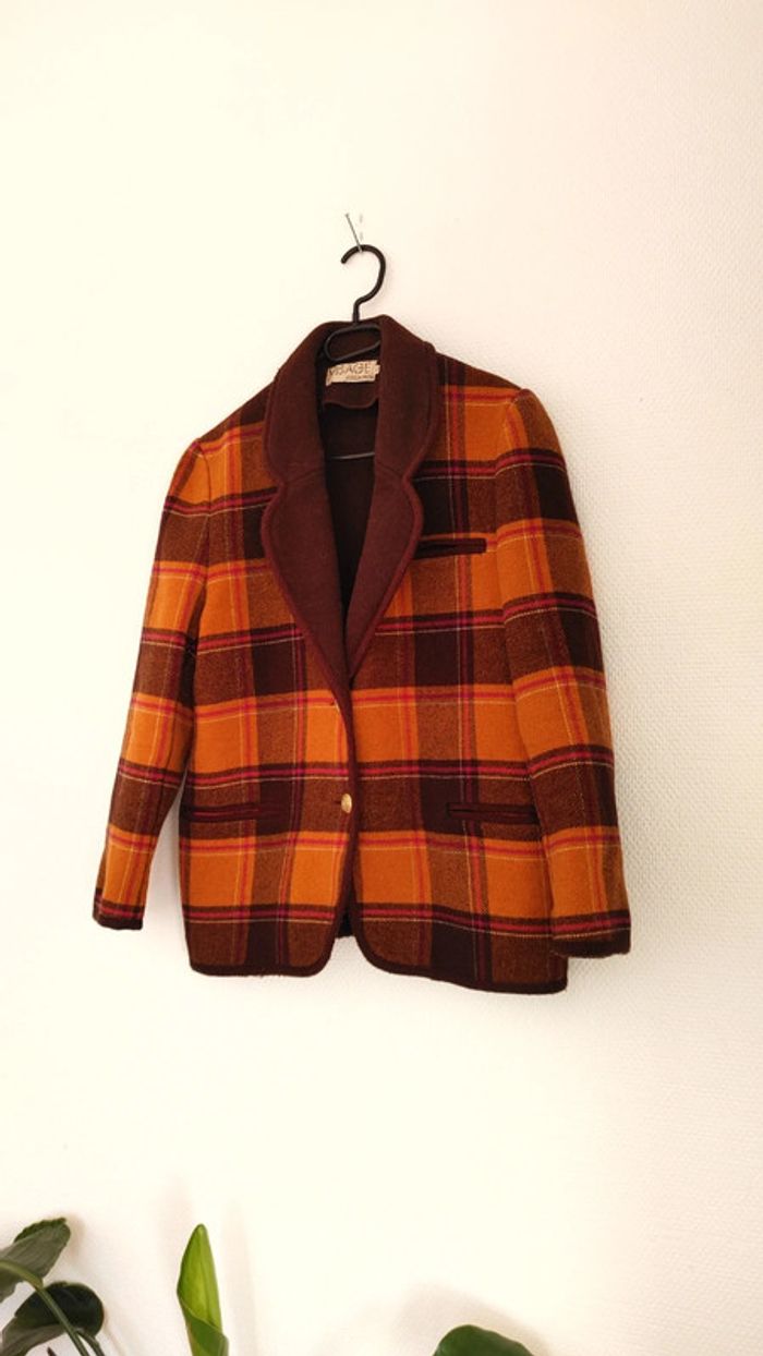 Veste en laine vintage oversize carreaux orange brun marron - photo numéro 11