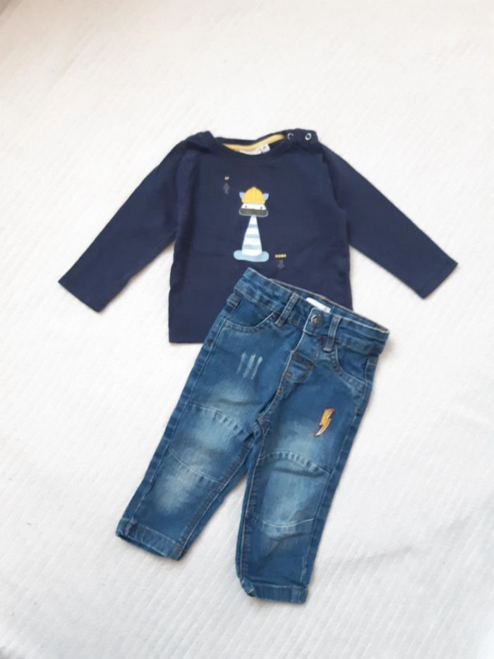 Tenue tee-shirt manches longues et pantalon jean Pommette 9 mois