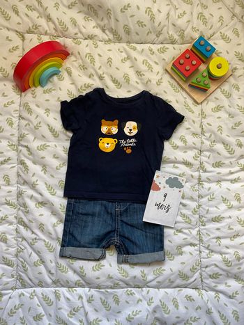 ensemble teeshirt manches courtes pat et ripaton short en jean bleu orchestra taille réglable 9 mois