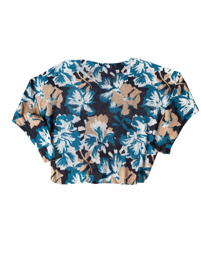Pull léger oversize motif floral turquoise et beige taille 46