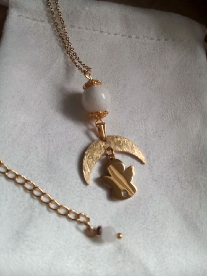 Collier pierre de lune , lune et ange avec zircon en acier inoxydable - photo numéro 2
