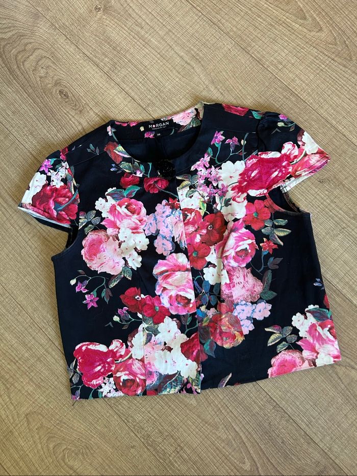 Blouse noire et fleurie à manches courtes Morgan taille 36 TBE - photo numéro 7