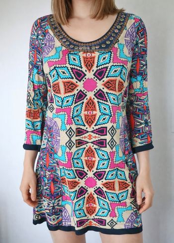 René Derhy Robe bohème ethnique multicolore manches 3/4 )