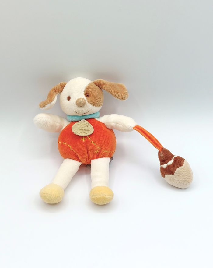 Peluche doudou chien orange blanc écru ancien modèle Doudou et Compagnie grelot gland vintage