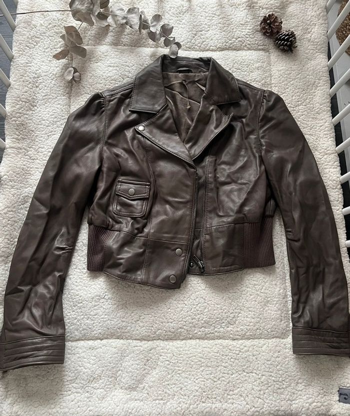 Veste courte cuir véritable marron