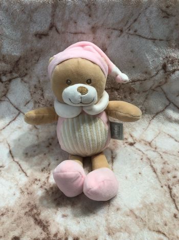 Doudou peluche beige ours blanc rose bonnet Mes Petits Cailloux Cmp