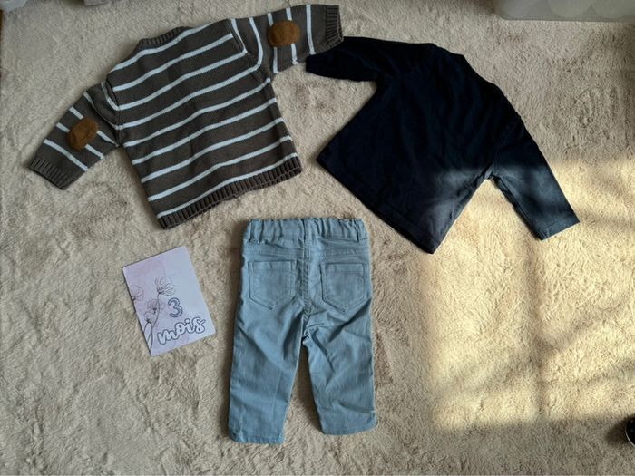 Lot 3 vêtement ensemble pantalon bleu t-shirt manche longue et gilet zippé rayé bleu gris 3 mois - photo numéro 2