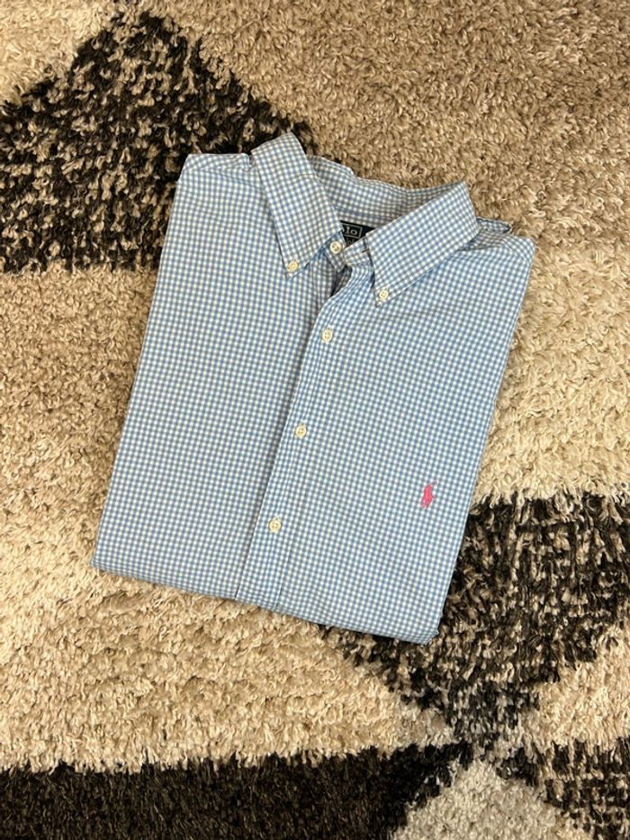 Chemise Ralph Lauren à carreaux bleu et blanc logo rose taille XL style old money