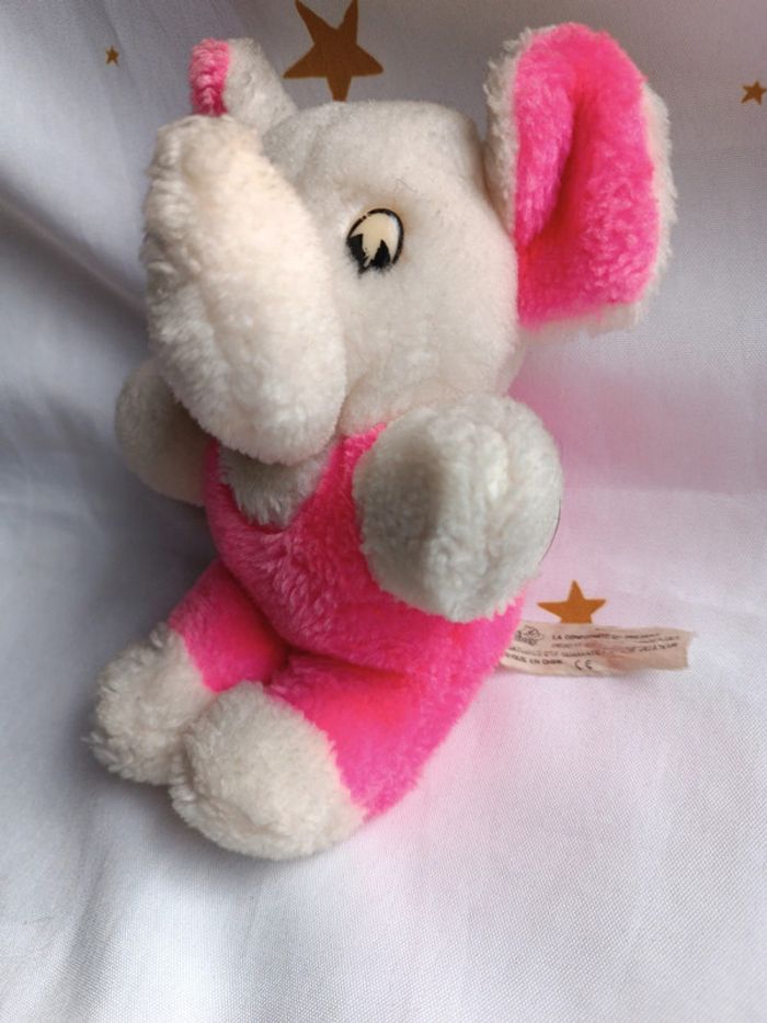 Petite petit small peluche plush Teddy éléphant rose fluo pink bouclette boulgom easy vintage blanc - photo numéro 6