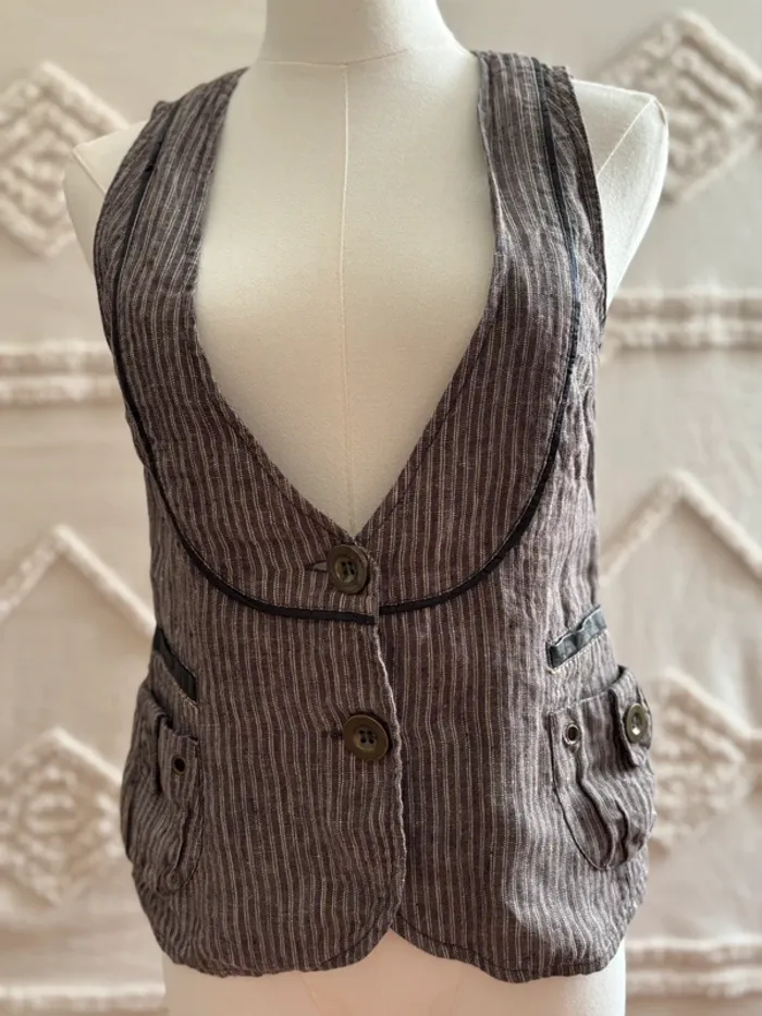 Gilet vintage rayé style utilitaire – vrai vintage – Taille 36 – Détails effet cuir, pièce rare ! - photo numéro 3