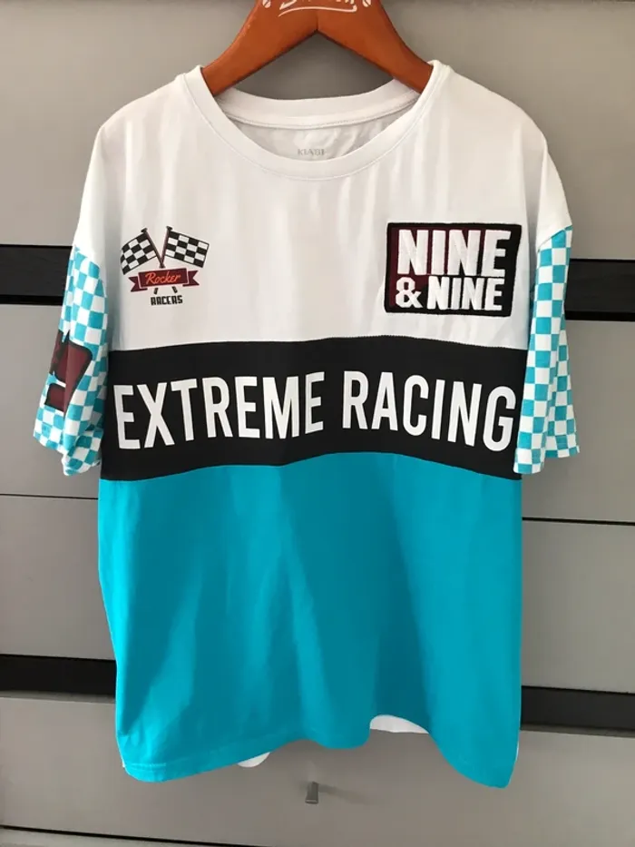 garçon t-shirt manches courtes kiabi 12 ans blanc et turquoise à motifs et broderies
