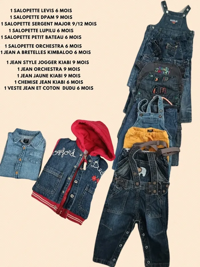 Lot 12 vêtements bb garçon 6 mois et 9 mois  6 salopettes  4 jeans 1 chemise jean  1 blouson jean - photo numéro 2