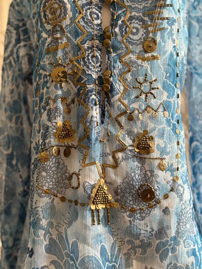 Blouse transparente bohème bleue à sequins dorés – earthygirl ethnique bohemian chic – taille unique - photo numéro 2
