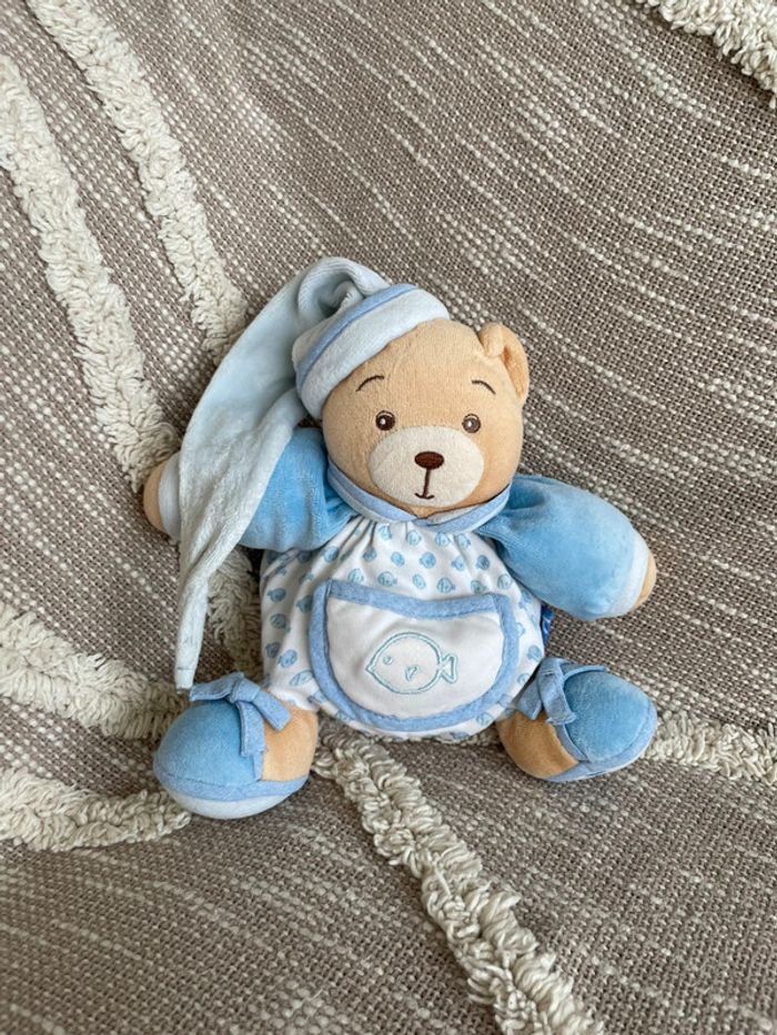 Peluche doudou boule 17cm Kaloo ours blanc et bleu très bon état