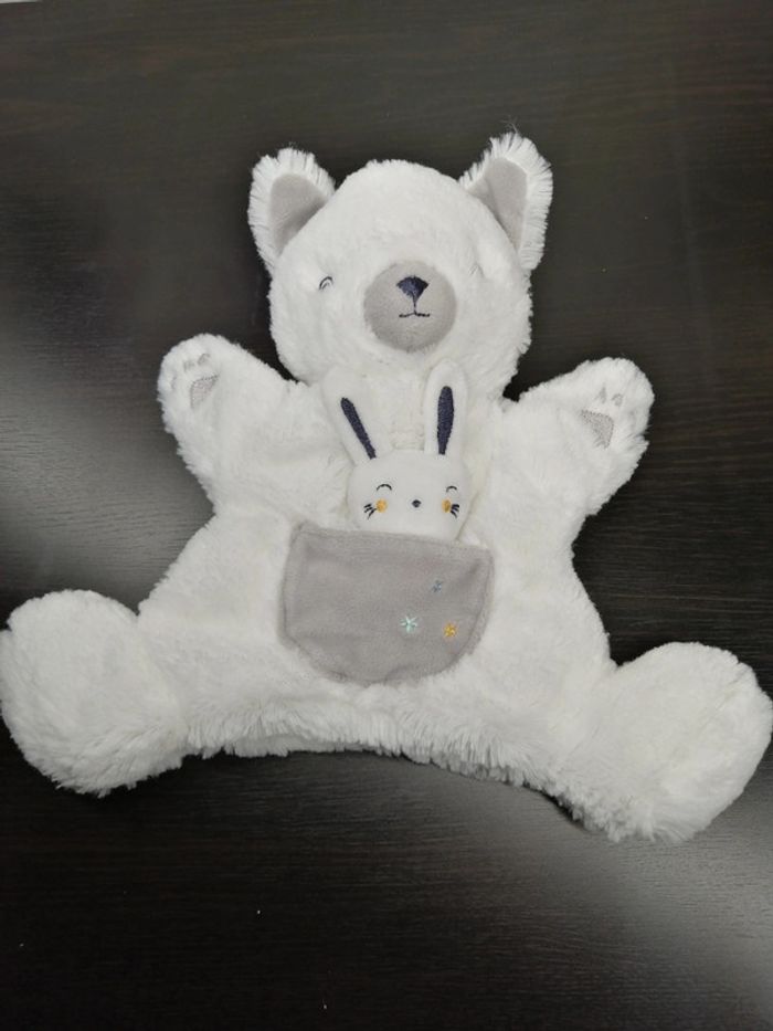 Doudou marionnette ours chat blanc gris et son bébé lapin Simba Toys Kiabi