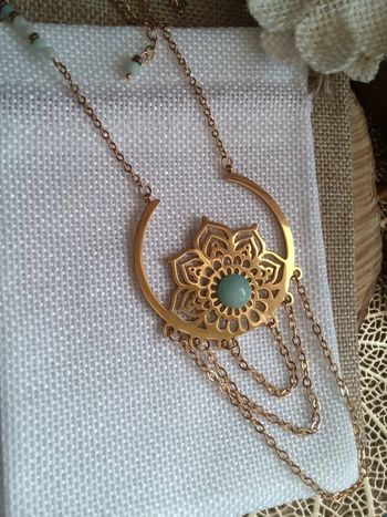 Collier fleur de vie acier inoxydable et pierres amazonites naturelles