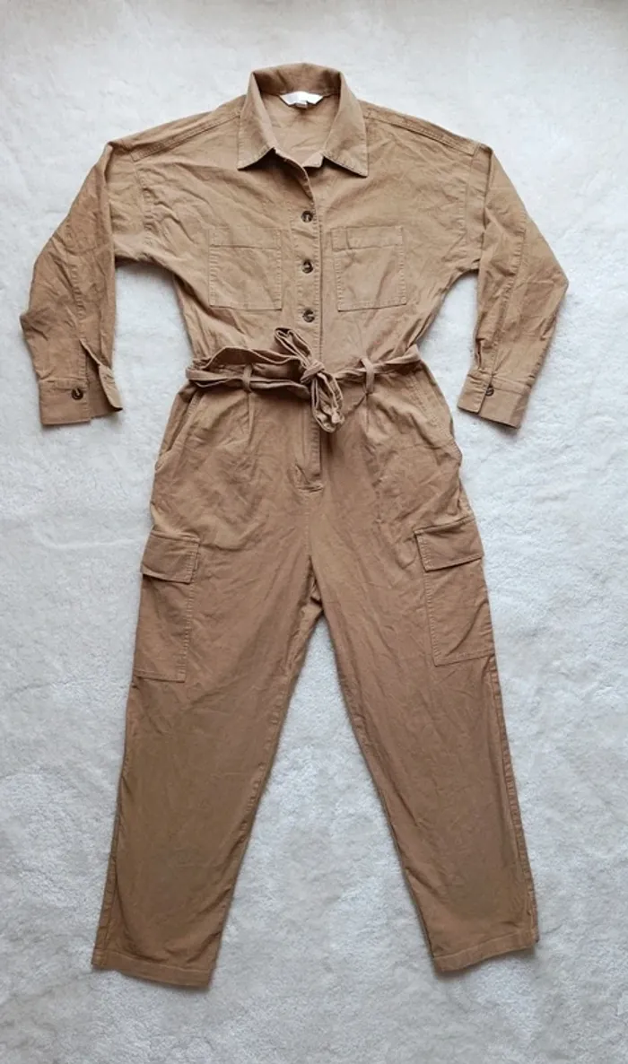 Combinaison H&M 36 beige marron ceinture assortie coton élasthanne - photo numéro 5