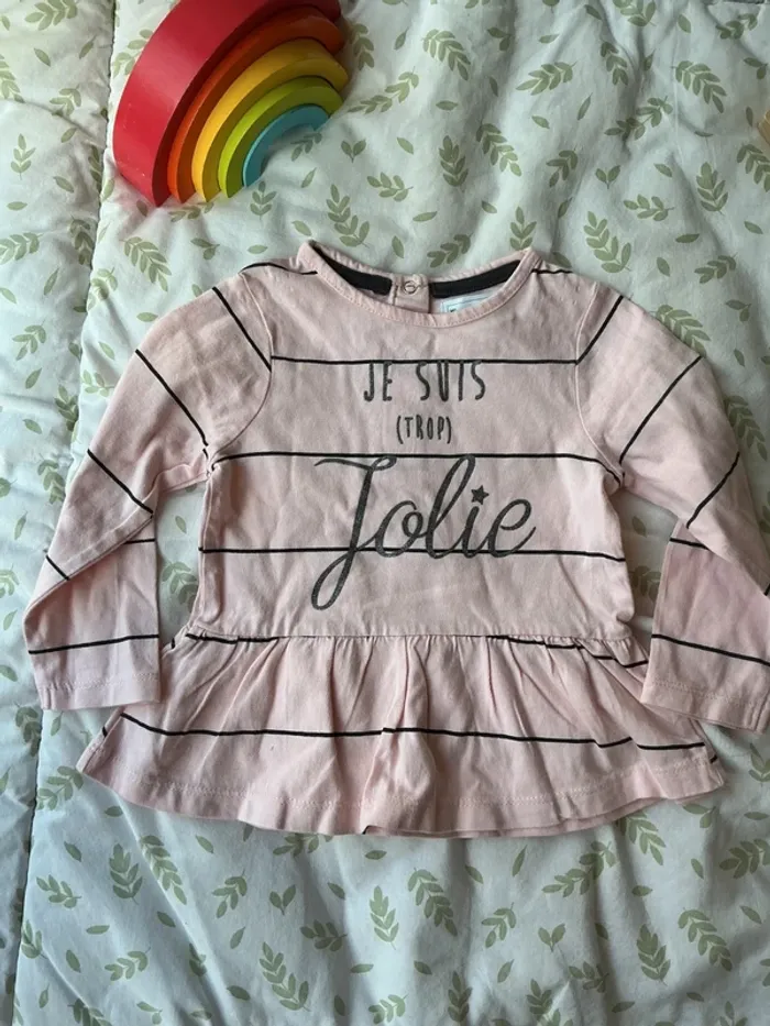 teeshirt manches longues rose rayures noir inscription devant 12 mois mes petits cailloux - photo numéro 3