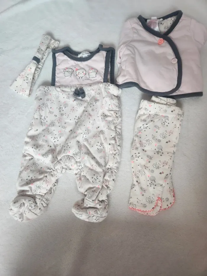 Adorable lot 1 mois bébé fille automne hiver pyjama caleçon  bandeau Dpam rose