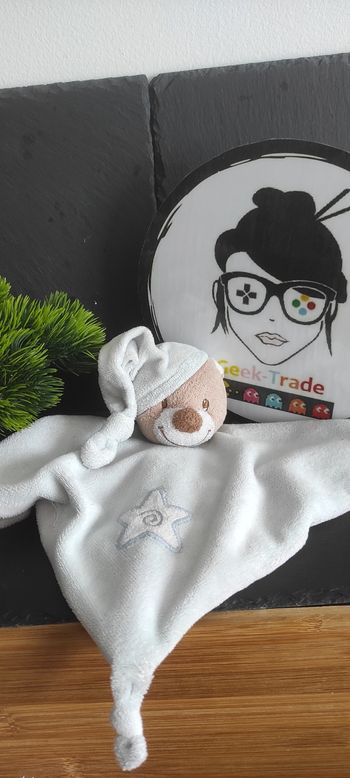 doudou ours nattou étoile lune bleu blanc bonnet nuit marron Carré Plat Ancien