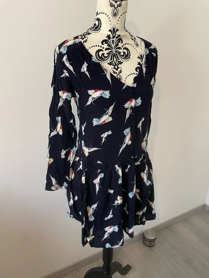 Robe à manches longues col V bleu marine à motifs multicolore boutons devant daphnéa taille S - photo numéro 2