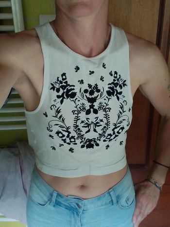 Débardeur femme croq top blanc motif fleurs noires