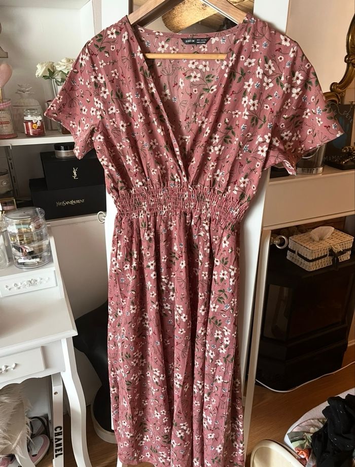 Longue robe trapéze vieux rose à fleurs T.M TBE 👗