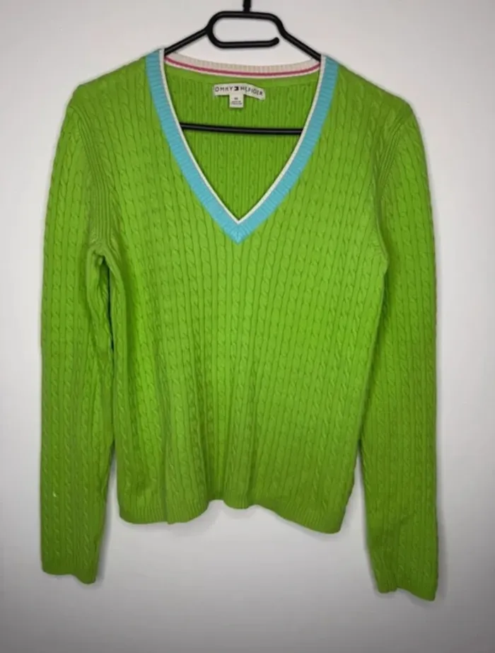 🎄 Magnifique Pull Col V Tommy Hilfiger / Vert Torsadé -T/M 🎄 - photo numéro 2