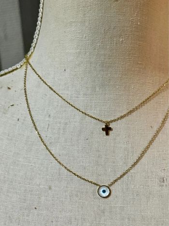 Collier 2 rangs réglable acier inoxydable or œil bleu croix