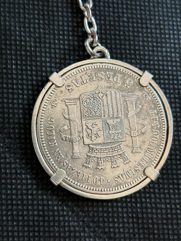 Beau porte-clé en argent avec pièce de 5 pesetas en argent TBE - photo numéro 5