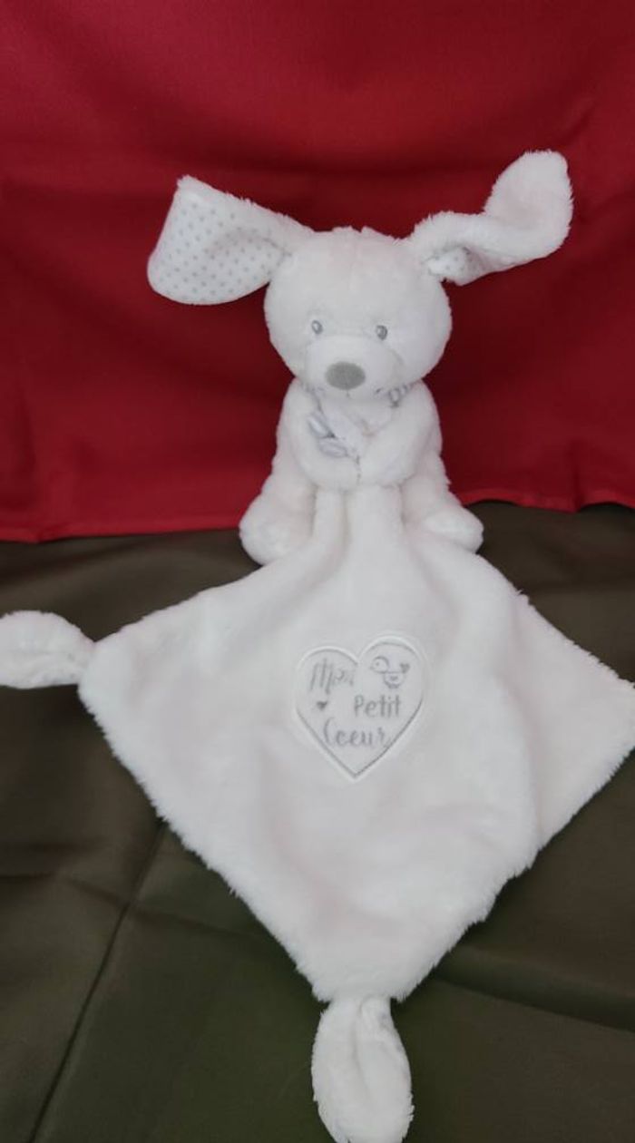 Doudou Lapin Pommette Blanc Pois Gris Mouchoir Brode Mon Petit Coeur - photo numéro 2