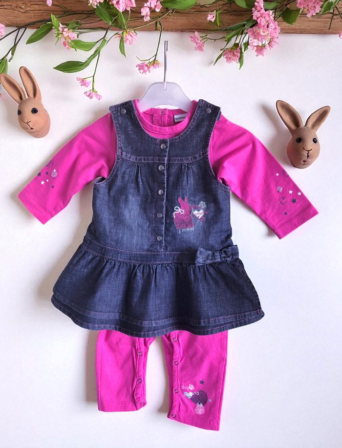 3 POMMES - ENSEMBLE 2P BÉBÉ FILLE BRODERIES LAPIN & COEURS, VOLANTS & NOEUD 12M - photo numéro 2