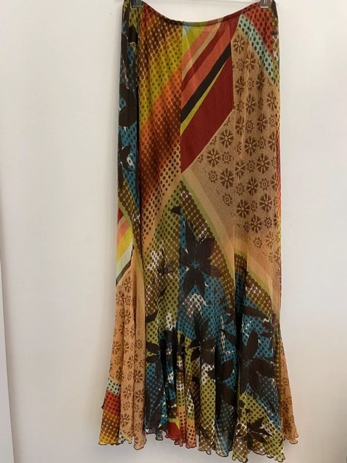 Jupe très longue mesh transparent multicolore motif rétro vintage