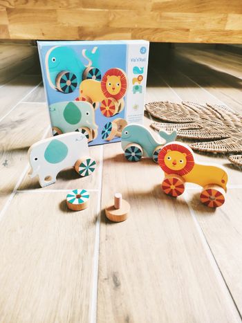 🦁 Vis'n'roll animaux à roues visser/dévisser en bois marque Djeco
