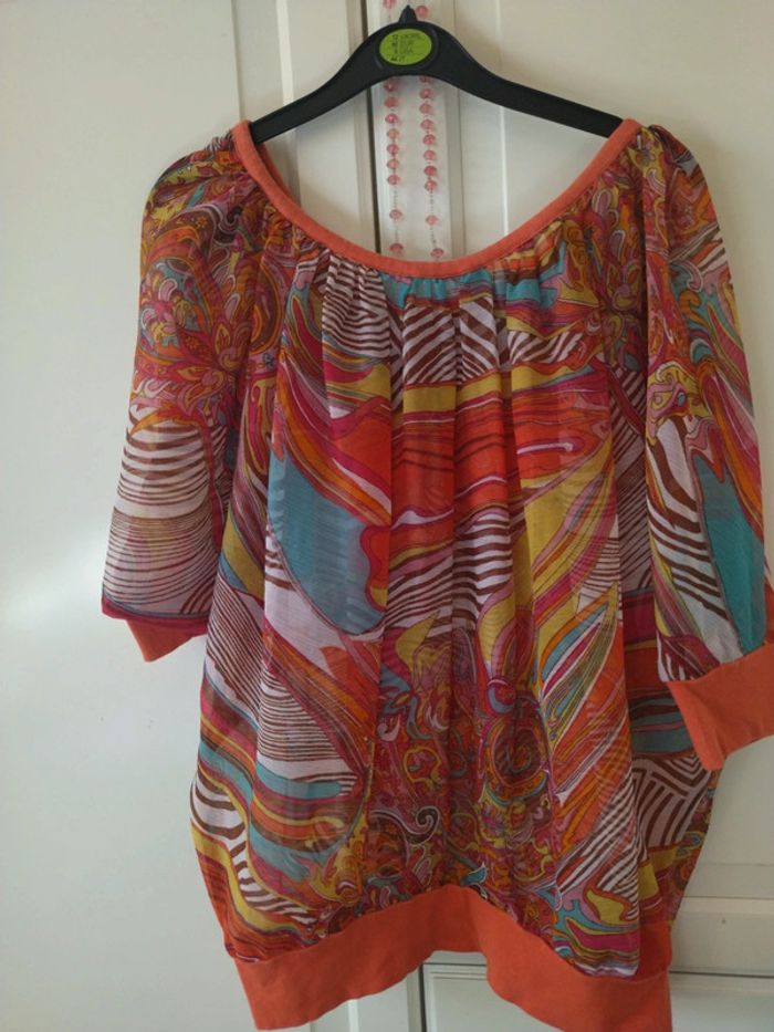 Blouse multicolore transparente, manches chauve-souris. Taille 38 - photo numéro 5