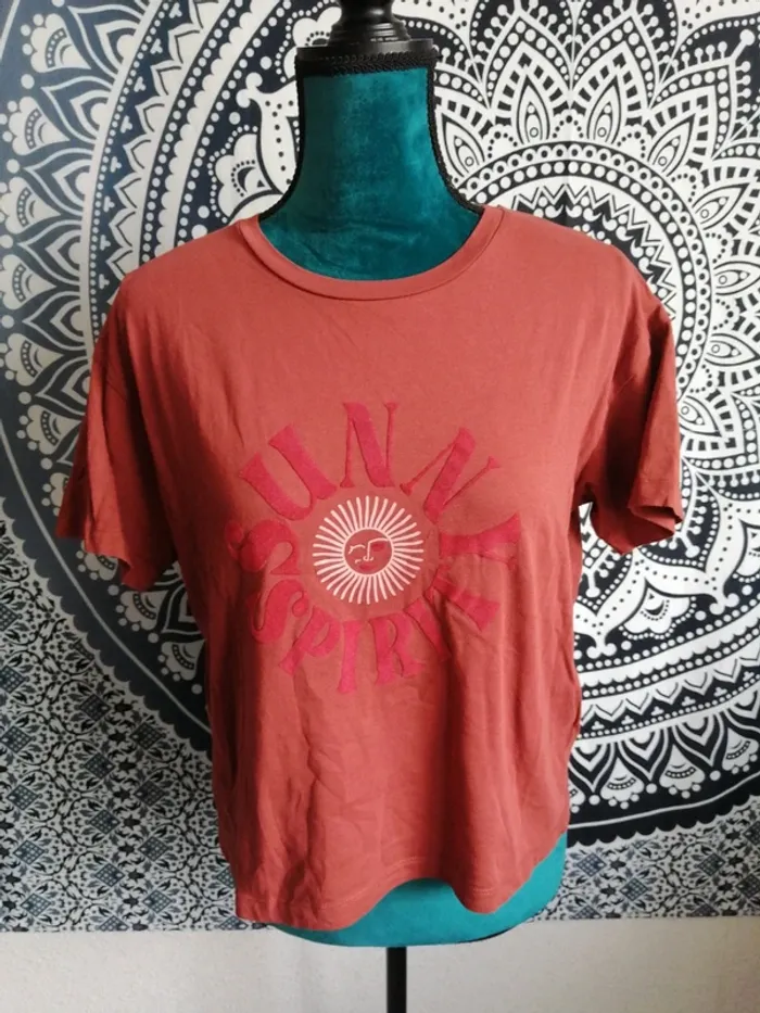 Tee-shirt crop top rouille terracota imprimé soleil et écriture / etam / (S) - photo numéro 2
