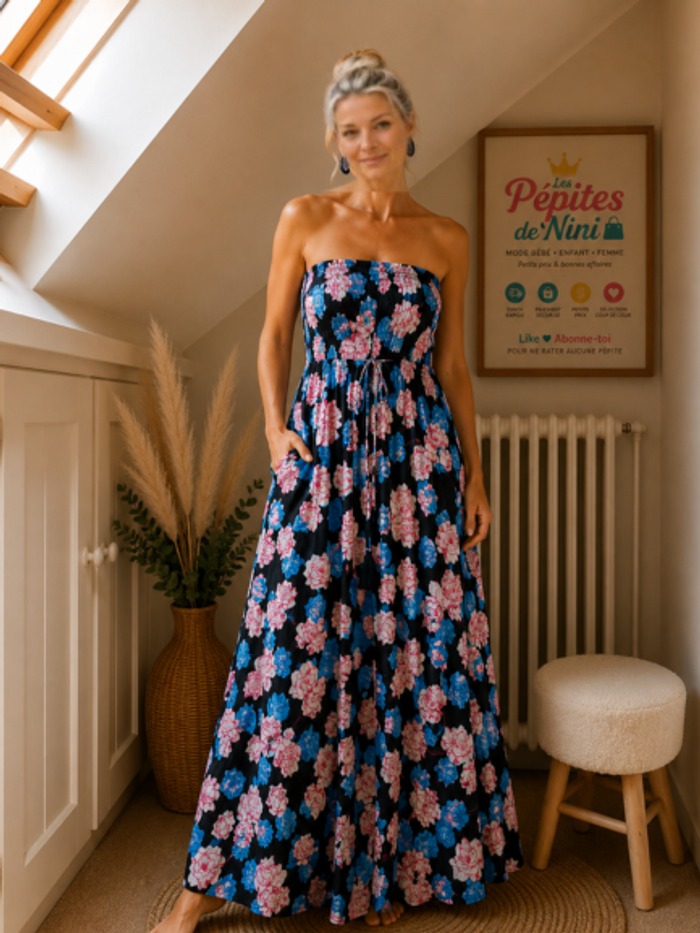 🌸 Robe longue bohème noir à fleurs roses 🌸 - photo numéro 1
