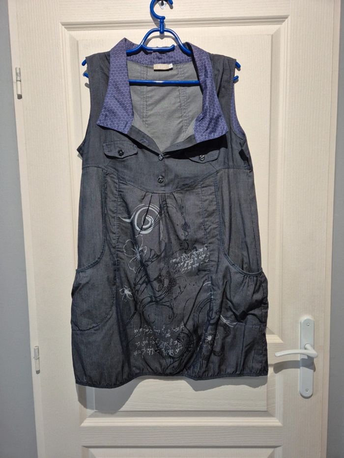 Robe boule bleue rayée et patchwork Jacqueline Riu