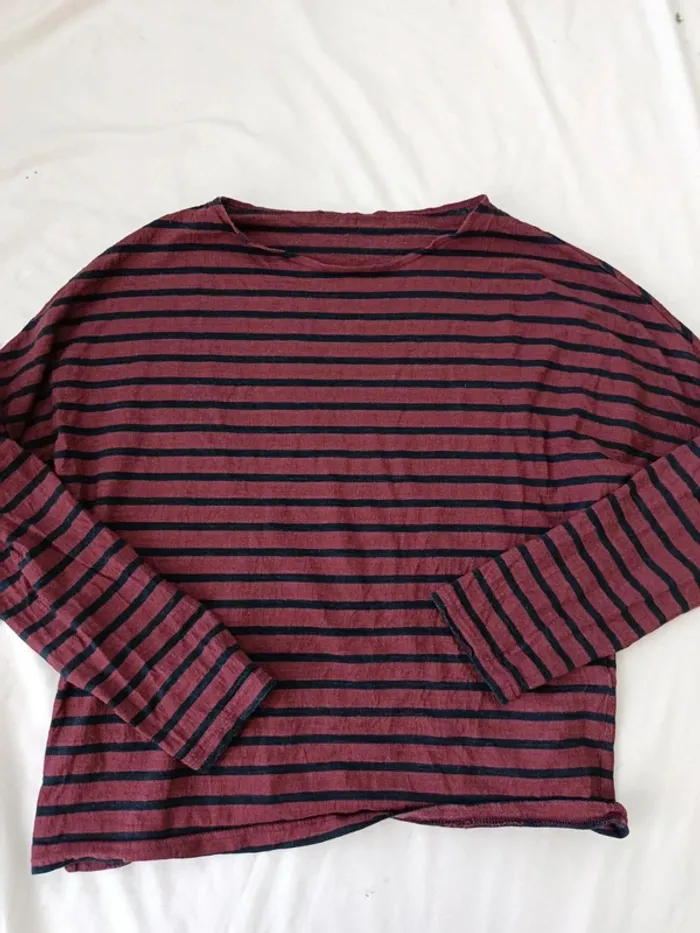 T-shirt manches 3/4 bordeaux rayé noir taille 38 - photo numéro 2