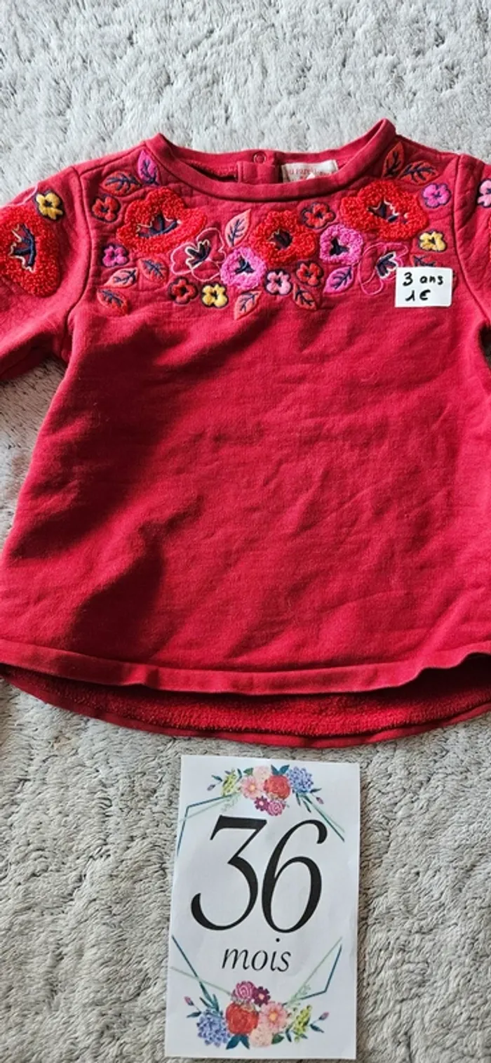Pull 3 ans bordeaux fleur - photo numéro 2