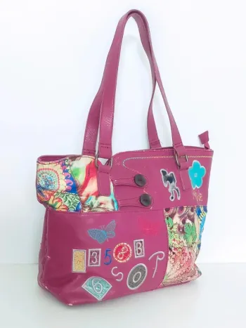 Sac à main effet cuir rose patchwork multicolore vintage