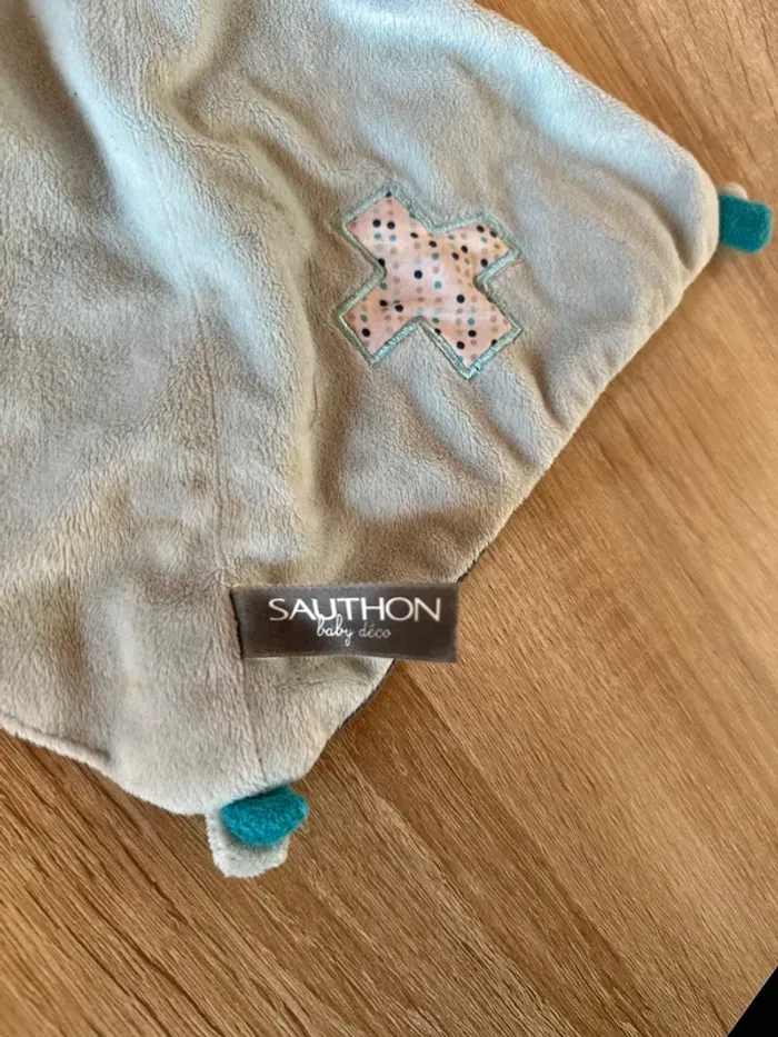 Doudou plat ours aviateur bleu et gris – Sauthon – Très bon état - photo numéro 3