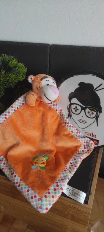 doudou tigrou mouchoir orange fleur oiseau pois orange bleu vert nicotoy Blanc disney