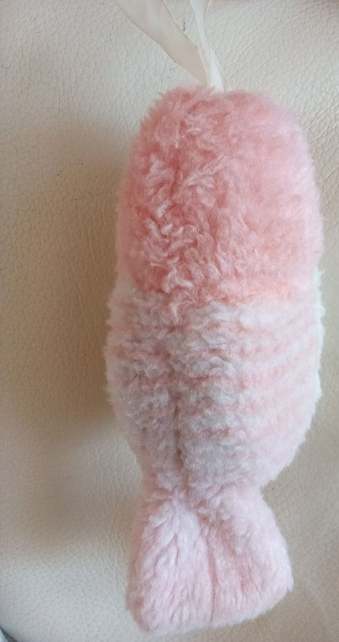 Peluche oiseau Boulgom doudou vintage ancien blanc et rose rayures rayé premier modèle d'occasion  le bruit est HS mécanisme présent intérieur tâche sur ruban - photo numéro 5